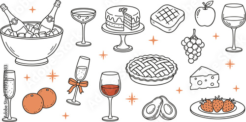 Hand-drawn vector illustration set of brunch champagne, cakes, pies, and fresh fruit icons with soft orange accents