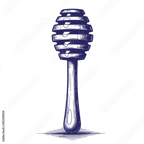 Hand drawn illustration of a honey dipper with a wooden handle and rounded honeycomb head