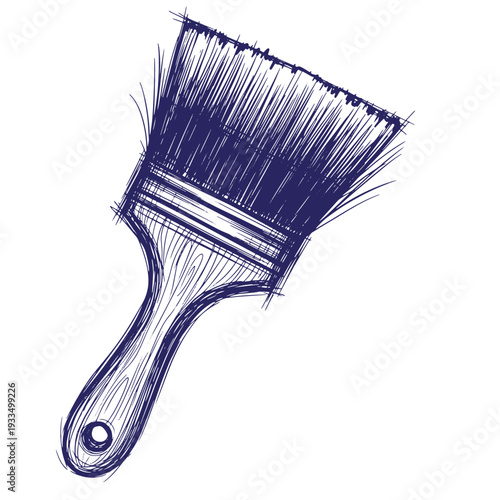 Hand drawn paint brush with wooden handle and bristles in blue lines on plain background  artistic tool for painting and drawing transparent background