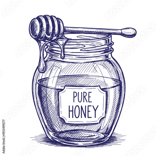 Honey in a glass jar with a wooden dipper on top  pure natural sweetener