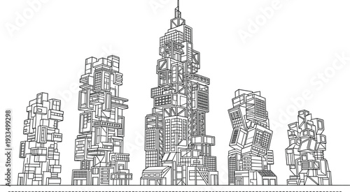 Professional black vector architecture illustration of modular cybernetic skyscrapers with interlocking geometric volumes and industrial structural frameworks