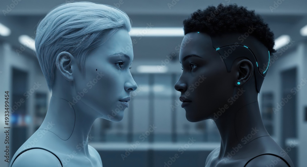 Fototapeta premium Unity in contrast: A close-up view of two women of different ethnicities facing each other in the interior space, representing connection and mutual respect.