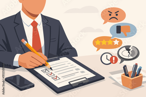 Professional businessman writing on a clipboard document to address negative customer feedback, bad reviews, and complaints from clients, featuring icons for low ratings and poor service.