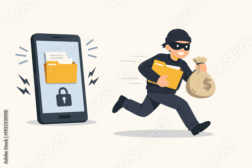Cybercrime Concept with Thief in Black Mask Running Away from Smartphone Carrying Stolen Data Folder and Money Bag; Mobile Security Breach, Digital Theft, and Hacking Vector Illustration.