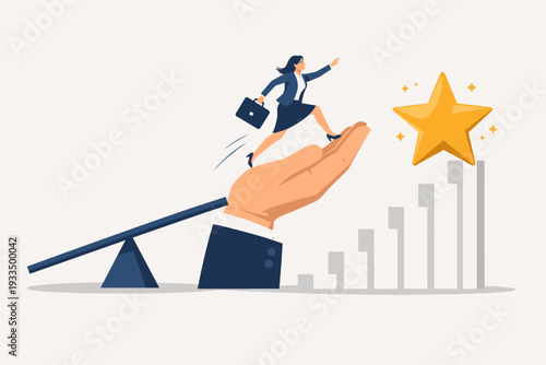 Giant hand helping a businesswoman jump from a seesaw to reach a gold star on top of a rising bar chart, symbolizing career growth, mentorship, support, and achieving professional success.