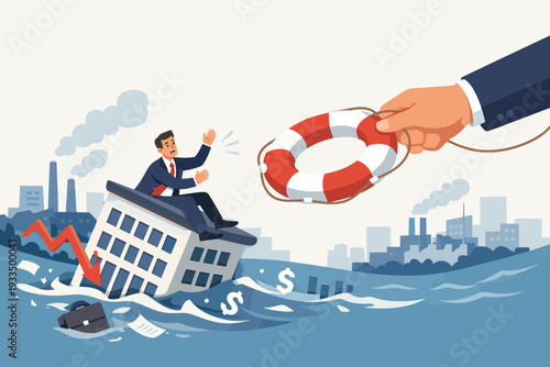 Business Crisis Concept with Businessman Sitting on Sinking Building Receiving Lifebuoy Bailout from Giant Hand. Financial Support, Economic Recession Rescue, and Government Help Illustration.