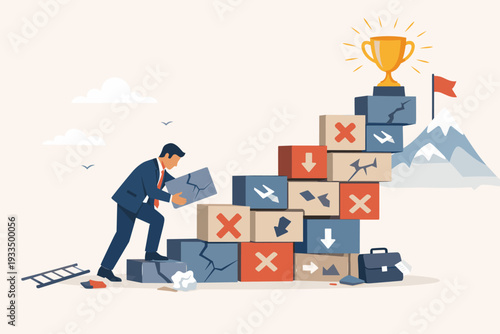 Businessman building a staircase from failure blocks to reach a golden trophy, concept of learning from mistakes, perseverance, ambition, and overcoming challenges to achieve career success.