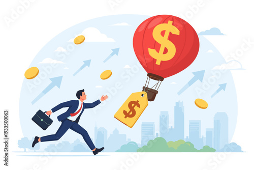 Businessman Running After Red Hot Air Balloon with Dollar Sign and Price Tag Representing Inflation and Rising Prices of Goods and Services in Modern City Economy Financial Crisis Illustration