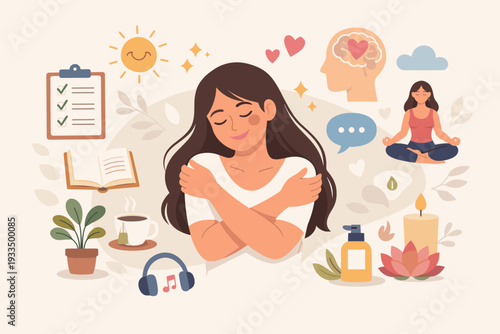 Mental Health and Self Care Concept Illustration with Happy Woman Hugging Herself Surrounded by Wellness Icons like Meditation, Reading, Healthy Habits, Mindfulness, and Psychological Support.