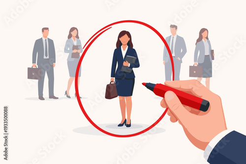 Recruitment and Selection Concept with a Hand Drawing a Red Circle Around a Professional Businesswoman Candidate. Human Resources Choosing the Best Talent from a Group of Office Employees.