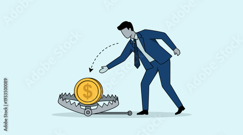 Businessman Reaching for a Gold Dollar Coin Inside a Bear Trap, Metaphor for Financial Risk, Investment Danger, Money Trap, Greed, and Fraudulent Schemes, Simple Vector Illustration Design.