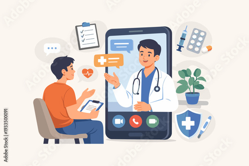 Online Doctor and Healthcare Services Concept with Patient Consulting a Physician via Smartphone Video Call, Virtual Medical Appointment, Telemedicine, Digital Health Advice, and Prescription