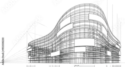Professional black vector architecture wireframe of parametric building with undulating facades and integrated blank advertising signage panels