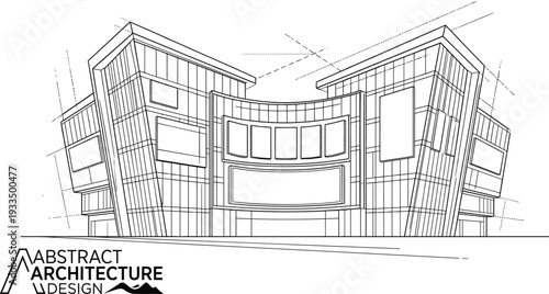 Professional black vector line illustration of a modern commercial building design with curved facade and signage panels