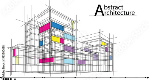 Professional black vector architecture wireframe of tiered office building with colorful glass panels and technical axis markers