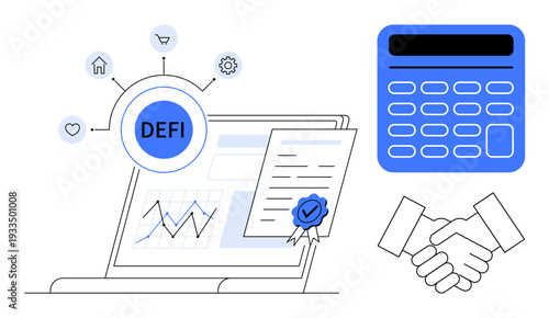 Financial technology, blockchain systems, investment analysis, decentralized finance, secure transactions, digital assets. Laptop showing DeFi with icons and a certificate. Blockchain systems