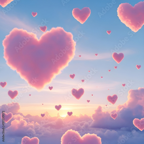 Concept Valentine's Day, Sweetest Day, pink heart shaped clouds floating in a pastel blue sky during sunrise, romantic background for expressing love and affection