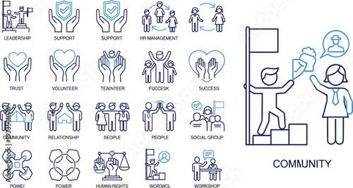 Professional blue vector line icon set for leadership, community support, human rights, and corporate team management branding