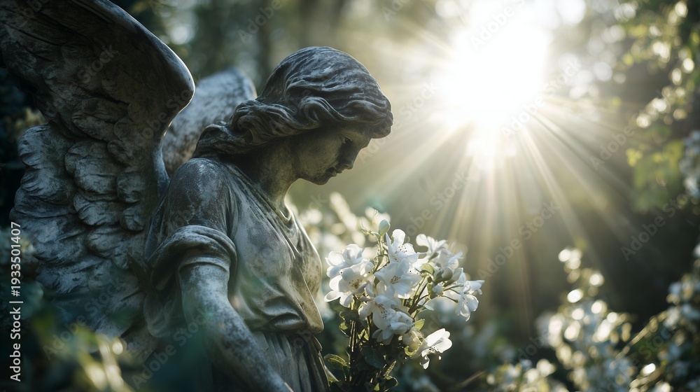 Obraz premium Weathered angel statue holding white flowers stands in a serene garden environment illuminated by intense divine sunlight, concept for remembrance, spiritual guidance and hope