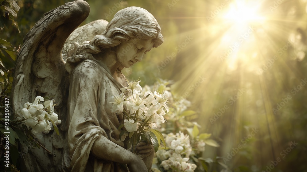 Naklejka premium Weathered stone angel statue holding white flowers is bathed in strong golden sunlight through foliage, concept for memorial services, spiritual guidance and divine religious artwork