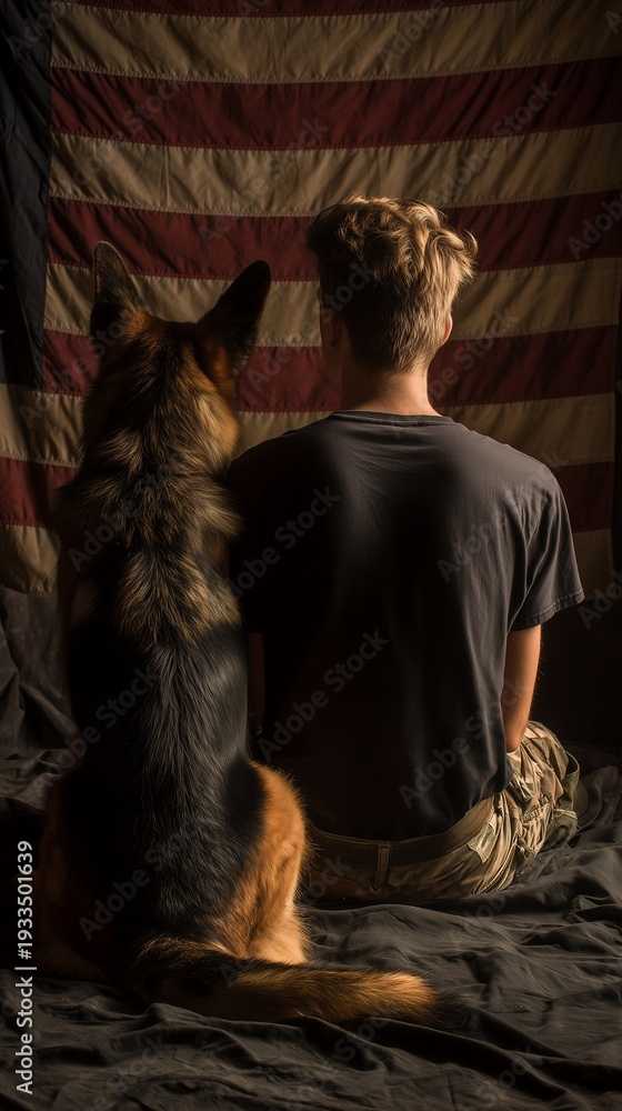 Fototapeta premium Young person sitting back-to-back with a German Shepherd against a vintage American flag, concept for military support, veteran loyalty and patriotic service