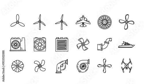 A collection of various fan and propeller icons in a minimalist line art style