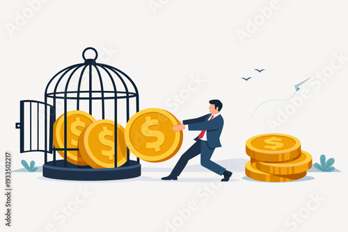 Businessman pulling large gold dollar coin out of an open birdcage, metaphor for achieving financial freedom, unlocking wealth, releasing capital, economic growth, and investment success flat vector