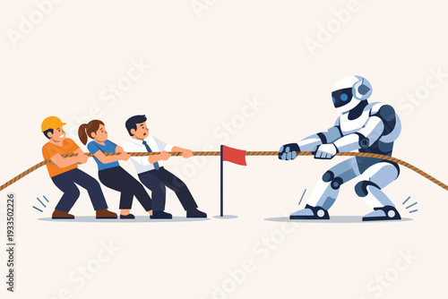 Artificial Intelligence vs Humans Concept with Powerful Robot and Diverse People Playing Tug of War. Illustration of Automation and Technology Competing with Human Labor in the Future Workplace.