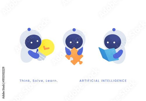 Think・Solve・Learn。AIの思考・解決・学習プロセス。電球とパズルと本を持つ3ポーズ
