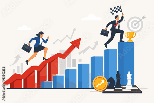 Business People Competing on Financial Bar Graphs for Success and Career Growth, Concept of Winning Strategy, Achievement, Leadership, and Corporate Goal with Trophy, Target, and Chess Pieces.