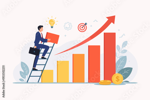 Businessman climbing a ladder to build a higher bar chart graph representing financial growth, success, and career achievement with icons of ideas, goals, and money in flat vector style.