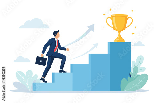 Businessman in a formal suit climbing up blue stairs to reach a golden trophy cup, concept of business progress, career growth, professional success, achievement, and motivation to reach goals.