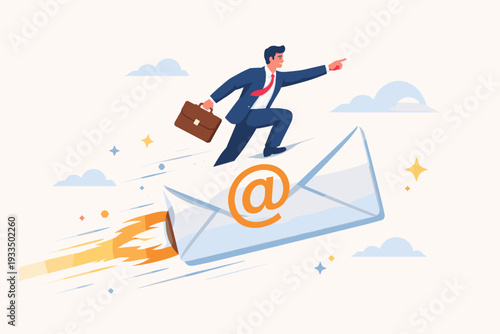 Businessman in a suit with a briefcase flying on a giant envelope rocket with an email symbol, representing fast digital communication, express message delivery, and online marketing success.