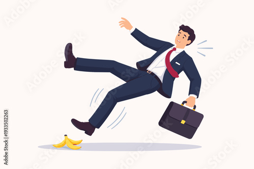 Businessman in a Professional Suit Slipping on a Banana Peel, Flat Vector Illustration Representing Business Failure, Unexpected Risk, Workplace Accident, Clumsy Mistake, and Financial Obstacle