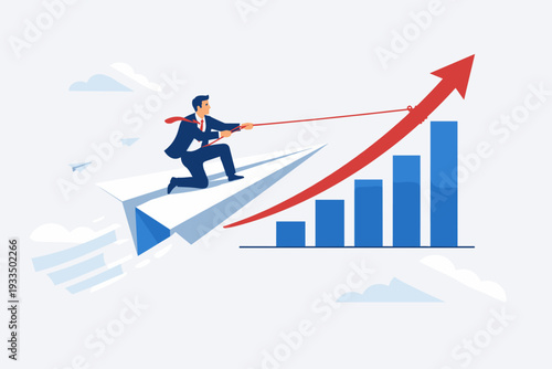 Businessman Riding on Paper Plane and Pulling Red Growth Arrow Upwards with a Rope Over Blue Bar Chart in the Sky; Concept of Financial Success, Business Growth, Leadership, Strategy and Ambition.