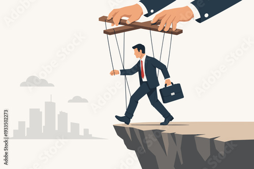 Corporate Businessman Controlled as Puppet on Strings Walking to Cliff Edge, Concept of Manipulation, Bad Ethics, Power Dynamics, and Risk in Business Leadership, Flat Vector Illustration