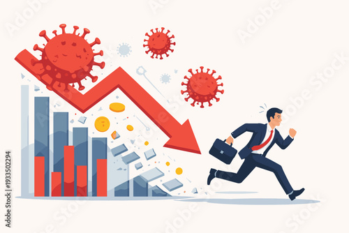 Businessman Running Away from Economic Collapse and Falling Stock Market Graph Caused by COVID-19 Coronavirus Pandemic, Global Financial Crisis, Recession, and Business Failure Vector Concept