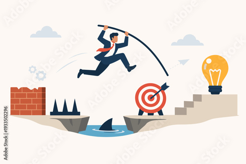 Businessman Pole Vaulting Over Obstacles Like Brick Walls, Spikes, and Shark Infested Water to Reach a Target and Lightbulb Idea. Concept of Overcoming Challenges, Problem Solving, and Success.