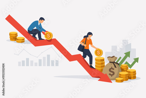 Investors Strategically Buying Stocks During Market Downturn, People Placing Gold Coins on Red Downward Arrow Representing Declining Share Prices, Financial Growth and Bear Market Investment Plan