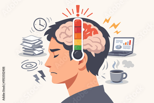 Stressed Man Illustration with Rising Thermometer in Brain Symbolizing High Stress Levels, Burnout, Anxiety, and Mental Exhaustion from Work Pressure, Deadlines, Overload, and Multitasking.
