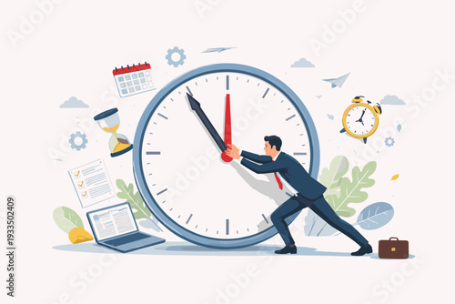 Businessman Pushing Back Clock Hands for Time Management and Deadline Concept. Professional Work Efficiency Illustration with Calendar, Hourglass, Laptop, and Alarm Clock in Flat Vector Style.