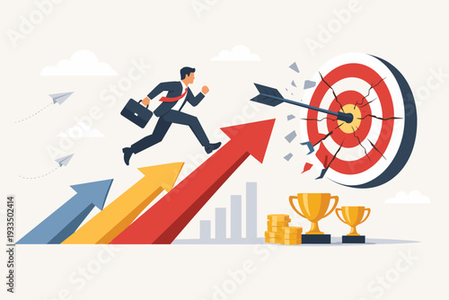 Successful businessman running up rising growth arrows towards a bullseye target, hitting the mark and breaking it, representing goal achievement, career progress, financial victory, and leadership