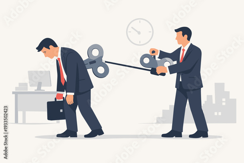 Tired Businessman with a Wind-up Key in His Back Being Controlled by a Manager, Concept of Burnout, Exhaustion, and Lack of Motivation in a Corporate Office Environment with a Clock and Desk