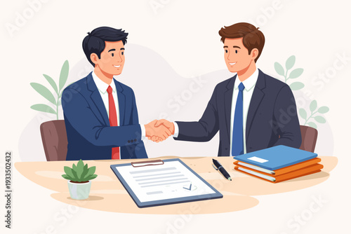 Two professional businessmen shaking hands over a signed contract on a desk, symbolizing a successful business deal, partnership agreement, and corporate cooperation in a flat vector illustration.