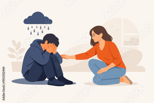 Woman Comforting Depressed Man with Rain Cloud Symbolizing Mental Health Issues, Empathy and Support Concept, Female Friend or Counselor Helping Sad Person Overcome Anxiety and Stress Vector