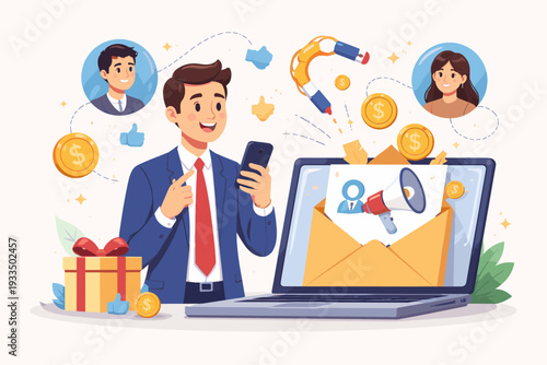 Businessman using Laptop and Smartphone for Referral Program and Affiliate Marketing to Earn Money Online, Invite a Friend Promotion with Megaphone, Coins, Gift Box and Social Network Icons
