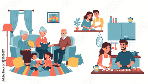 Illustration of a multi-generational family engaging in various activities in a modern home with a warm and cozy atmosphere.