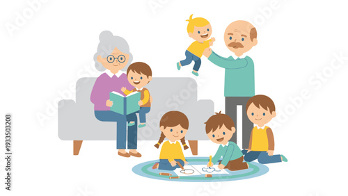 A cartoon illustration of a happy family with a senior woman reading a book, a man lifting a baby, and children playing on a mat in a cozy living room setting with warm colors.