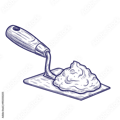 A drawing of trowel with a large amount of mortar on it used for spreading cement