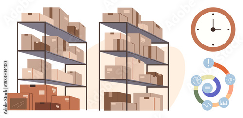 Supply chain, inventory management, logistics, productivity analysis, time tracking, organizational tools. Stacked shelves with boxes, a clock and data visuals. Supply chain and inventory management